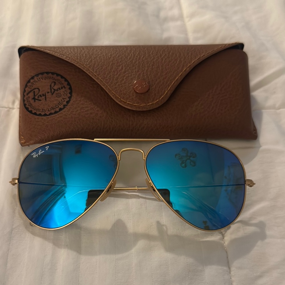 Ray-Ban Gold Aviator Sunglasses with Blue Polarized Lenses